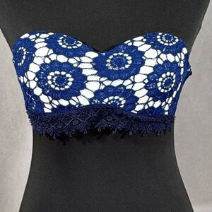 Strapless Navy and White Lace Bikini Push-Up Top